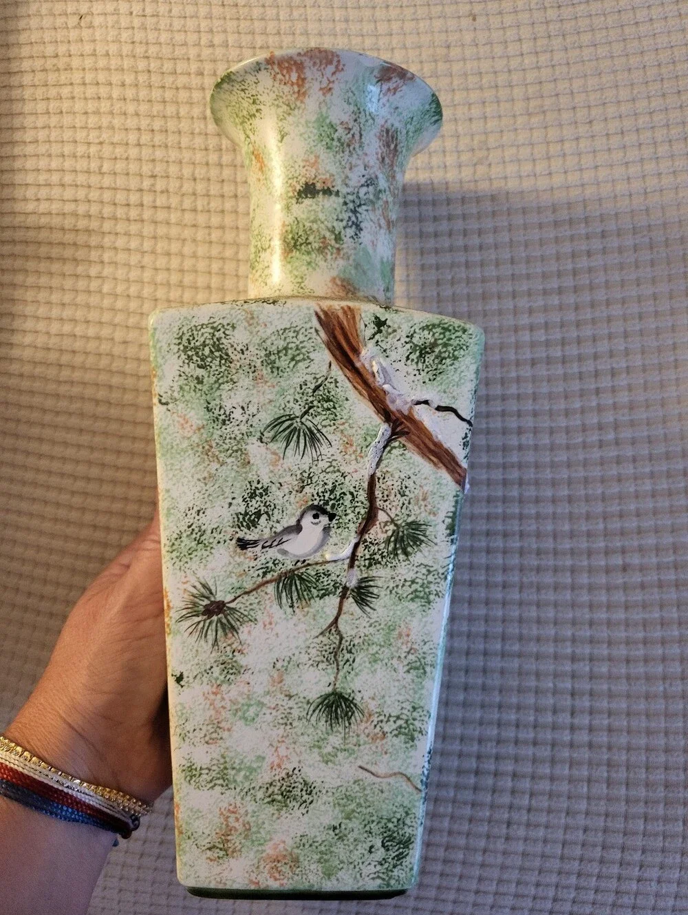 Oriental looking Hobbyist Vase Green/brown w/birds and branches